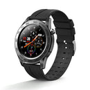 Elegant SmartWatch F22U with a black silicone strap, dark grey metal case, and silver bezel. Its digital display shows time (11:39), date, temperature, and steps. Features "SMART WATCH" text. A modern tech-focused graphic on white.