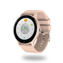 SmartWatch ZL02 Pro with a rose gold/pink silicone band, round display showing date '03-08', '00000' steps, and activity icons. Features a shiny metal clasp and sleek, modern design. Graphic render.