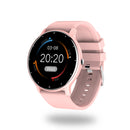SmartWatch ZL02 Pro: Pink, round black screen displaying time '20:20', date, '23°C', steps, calories, heart rate. Features a smooth silicone strap and silver buckle. Modern graphic design on white.