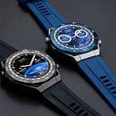 Two ZD5 smartwatches, black with dark metal case & blue with silver case. Both have round digital displays showing a world map, "SMART Watch", steps (22806), & calories (2086). Real photo on dark surface.