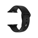 Curved black, smooth silicone Apple Watch sport band displayed on white. It features a classic design with adjustment holes and a silver pin closure. Graphic render.