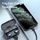 Black M10 Bluetooth earbuds in open power bank case with digital display (72% charge, 'Be Loud Be Proud'), charging a smartphone via USB. Earbuds glow blue. Graphic design.
