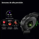 SmartWatch NX9: Black watch back with active green precision sensors for heart rate, SpO2, blood pressure. Features textured strap & silver button. Graphics illustrate sleep, heart rate, blood oxygen. Text: "Sensores de alta precisión". Hybrid image.