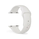 White, smooth silicone Apple Watch band, two pieces. Features a silver pin-and-tuck closure with adjustment holes. Clean product photo on a white background.