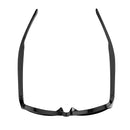 Top-down view of sleek, black, glossy F07 Bluetooth sunglasses. This modern graphic design emphasizes the frame's style, a product known for HD audio.