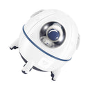 White spaceship-style humidifier with blue trim and small fins. A clear viewport shows a mini astronaut figure inside its sleek, plastic, futuristic design. Isolated on a white background.