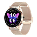 Rose gold NX23 Pro smartwatch with a finely woven Milanese mesh band. Its round black screen shows 10:09, 24°C, health stats, and a purple butterfly wallpaper. Appears to be a product render.