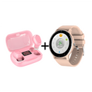Pink ZL02 smartwatch with round screen & ribbed band, beside L21 Pro wireless earbuds in open charging case showing "100" display. Modern tech combo on white.