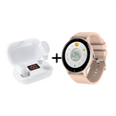 White wireless earbuds in open charging case showing '100' battery, alongside a light pink smartwatch. The smartwatch has a round black digital display showing '03:08' and activity stats. Studio shot.