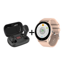 Combo ZL02+L21 Pro: A light pink smartwatch with a round screen showing 03:08 and black wireless earbuds in an open charging case displaying "100". The sleek, modern products are presented side-by-side on a white background.