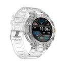 Clear, rugged DT5 smartwatch with transparent plastic case and band. The digital display shows 10:08, 100% battery, 18907 steps, 1.2 KM. Bezel text includes SPORT and GPS. A realistic product image.