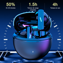 Sleek Audífonos Mate 90 wireless earbuds in an open matte dark charging case, glowing blue/purple. Displays "50% En 30 minutos", "1.5h Tiempo de carga completa", "4h Tiempo en uso". Graphic design highlighting Bluetooth 5.3, Sonido 9D.
