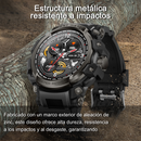 Rugged black Smartwatch LC16 with a dark gray metallic zinc alloy bezel, digital face with red accents showing time & metrics. Text "SPORT WATCH" & "WATER RESIST" visible. Against wood, graphic design.