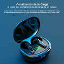 Sleek, open black wireless earbud charging case with two black earbuds, featuring a glowing blue LED trim & green "100" charge display. Modern design on a dark blue background.