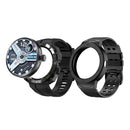 NX18 Smartwatch exploded view. Black round design with digital display showing time, calories, BPM, and temp. Features compass bezel, side crown, and textured silicone strap. A graphic design.