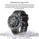 Smartwatch G102: dark grey metallic case, black strap. Round 1.39" screen displays gears & digital info. "BACK," "SPORT" buttons visible. Submerged in splashing water, highlighting IP67 water resistance. Graphic design.