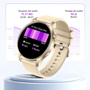 Cream smartwatch with round AMOLED screen displays "24-Hour Sleep Data" graph, showing 7h 27min duration and 85pt sleep score. Features a beige silicone strap, gold buckle, on a light stand. Graphic design.