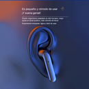 Graphic: Glossy silver Audífonos Air7 Bluetooth earbud ergonomically placed in a stylized dark blue ear with orange accents. Text emphasizes "small, comfortable, great sound" and ergonomic fit. Dark gradient background.