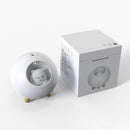 White spherical Planet Cat humidifier with a clear window showing a smiling cat night light, on small gold feet. Next to its white box displaying "Planet Cat Humidifier" branding. Clean graphic design on a white background.