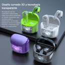 J225 Bluetooth earbuds in four translucent, 3D curved charging cases: green, white, purple, and black. Cases display internal circuits, with open cases showing sleek earbuds. Futuristic graphic design.