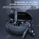 Sleek glossy black wireless earbuds in an open matte black charging case with blue LED strips & indicator dot. Features text: 'Subwoofer en tus oídos sonido envolvente sin límites'. Graphic design.