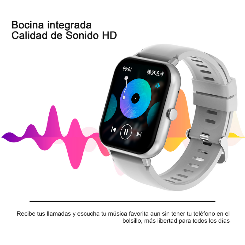 Silver smartwatch with light grey silicone band. Screen shows music player with a blue record graphic. "Bocina integrada Calidad de Sonido HD" text & sound waves indicate built-in speaker. Graphic design.