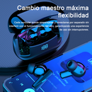 Audífonos Mate 60 Pro: sleek black Bluetooth earbuds & charging case with glowing blue "188" display. Earbuds on a phone playing music, demonstrating "Cambio maestro" independent pairing. Graphic design.