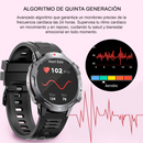 Smartwatch G102 with a black textured strap, silver rugged round bezel, and a screen showing 'Heart Rate 102 Bmp'. Adjacent graphics display an ECG waveform and colored 'Aerobic' zones. Digital render promoting 5th-gen heart monitoring.