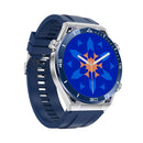 ZD5 smartwatch with a blue silicone strap, silver metal case, and round blue screen showing an orange and blue geometric design. It has numbers 45, 15, 30 on the bezel and two side buttons. Graphic design.