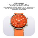 Graphic rendering of a Smartwatch ZL73J with a gold bezel and a vibrant orange silicone strap. Its round 1.39" screen shows an analog-style face with date "26-09". Background text mentions "Pantalla Grande Ultra Clara".