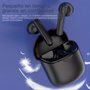 Sleek matte black J220 Bluetooth 5.3 wireless earbuds with red lights, one in the open charging case. Graphic design on blue, with feathers emphasizing lightweight comfort & immersive sound.