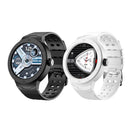 Two Smartwatch NX18 models: black with a dark digital display showing calories & heart rate, and white with a bright display showing health metrics & time. Features round metal bezels and textured silicone straps. High-quality graphic on a white background.