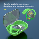 Green Audífonos OWS-80 earbuds with transparent design showing circuitry, in an open green charging case with clear lid. Swiveling ear hooks shown with arrows. Features a digital "00" display. Graphic render.
