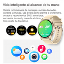 Graphic: Beige Smartwatch KC88 with gold case. Round AMOLED screen displays weather (20°), music controls, stopwatch, and app icons. Spanish text promotes features like message reminders. Modern design.