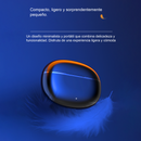 Sleek, dark Air7 Bluetooth earbuds charging case with orange glow & white LED, resting on a blue feather on a blue background. A graphic highlighting its compact, lightweight, minimalist design.