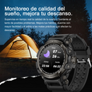 Black rugged Smartwatch LC16 displays sleep data (7h 26m total, 22:56 asleep, 06:22 awake) on its round screen. Features "SPORT WATCH" and "WATER RESIST" text. Set against a blurred night camping tent backdrop with sleep quality promo text. Graphic.