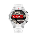 Sporty smartwatch with clear transparent plastic casing & strap. Digital screen displays time, date, fitness metrics (steps, calories, heart rate, distance) on a black/camo background with red accents. Buttons labeled "SPORT", "GPS", "SELECT", "BACK". Graphic design.