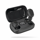 Black L21 Pro Bluetooth 5.0 wireless earbuds: an open charging case with digital '100' display, one earbud inserted, another hovering. Features sleek matte/glossy black plastic design, ready for 9D sound. Product photo.