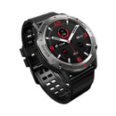 SmartWatch NX9: Rugged design with a black textured silicone strap & silver bezel etched with "SOUND," "UP," "DOWN." The round Amoled screen displays a digital clock with red 12, heart rate (104), & steps (10349). Graphic render.