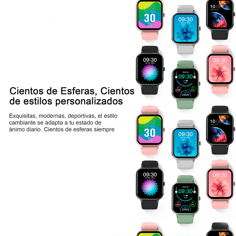 ZL54CJ smartwatch grid: 12 units with varied digital watch faces (time, date, steps, graphics) and colorful silicone bands (pink, white, black, green). Highlights 123 sports modes and custom styles. Graphic design.