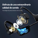 Graphic design of black VG06 air conduction headphones, with an exploded view revealing metallic gold/silver internal components and glowing blue circuitry. Text: "Disfruta de una extraordinaria calidad de sonido. Tecnología de punta al alcance de tus oídos.".