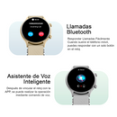 Graphic showing a gold smartwatch with beige band displaying an incoming call, and a silver smartwatch with white band displaying an AI Voice assistant. Features Bluetooth calls & smart voice control.