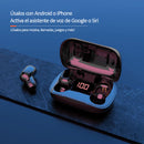 Black L21 Pro Bluetooth 5.0 earbuds in an open charging case showing '100' battery, one earbud beside it on a dark textured surface. Overlay text: 'Use with Android/iPhone, activate voice assistant'. Graphic design.