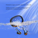 Air7 Bluetooth earbuds & charging case, sleek dark gray/blue, with orange reflections, partially submerged in splashing water against a blue background. Highlights water/sweat resistance. Graphic design featuring text 'Resistente al agua y al sudor'.