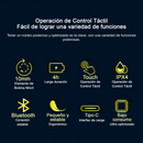 Infographic on a dark blue background details Audífonos PRO 50 features. White text highlights "Touch Control Operation". Yellow icons and text describe: 10mm driver, 4h battery life, touch control, IPX4 water resistance, stable Bluetooth, ergonomic fit, Type-C charging, and low power consumption.