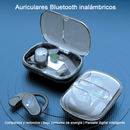 Dark gray wireless earbuds OWS-80 with transparent cases, one open showing internal circuitry & green '100' digital charge display. One earbud with hook. Graphic design on blue.