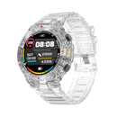 DT5 smartwatch with transparent casing and band. Round digital display shows 08:08, date, heart rate, steps. Bezel features "SPORT", "GPS", "SMART", "WATCH" text. High-quality graphic render.