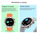 Graphic of two Smartwatch G102s with round screens. One has an orange silicone strap, displaying 96% SpO2. The other, with a gray strap, shows 120/90 mmHg blood pressure. Both feature a silver-gray body and a sporty design.