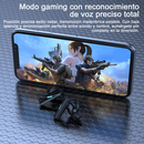 A graphic design shows Audífonos Mate 70, matte black Bluetooth 5.3 gaming earbuds with blue accents, near a smartphone playing an action game. Features like precise voice recognition and low-latency audio for immersive gameplay are highlighted on a dark hexagonal surface.