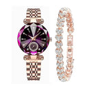 Reginald P719 rose gold watch with a purple diamond-cut crystal dial & metallic link band. Includes a matching rose gold bracelet with rhinestone-studded heart links. Graphic.
